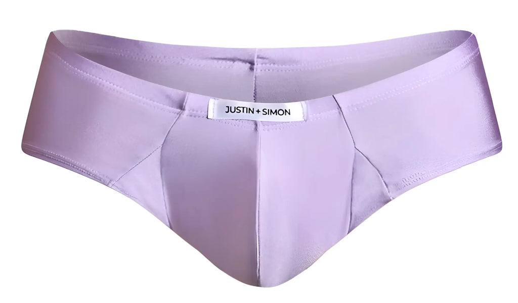 Lavender satin cheek briefs by justin + simon in lilac color with a smooth satin finish for comfortable wear