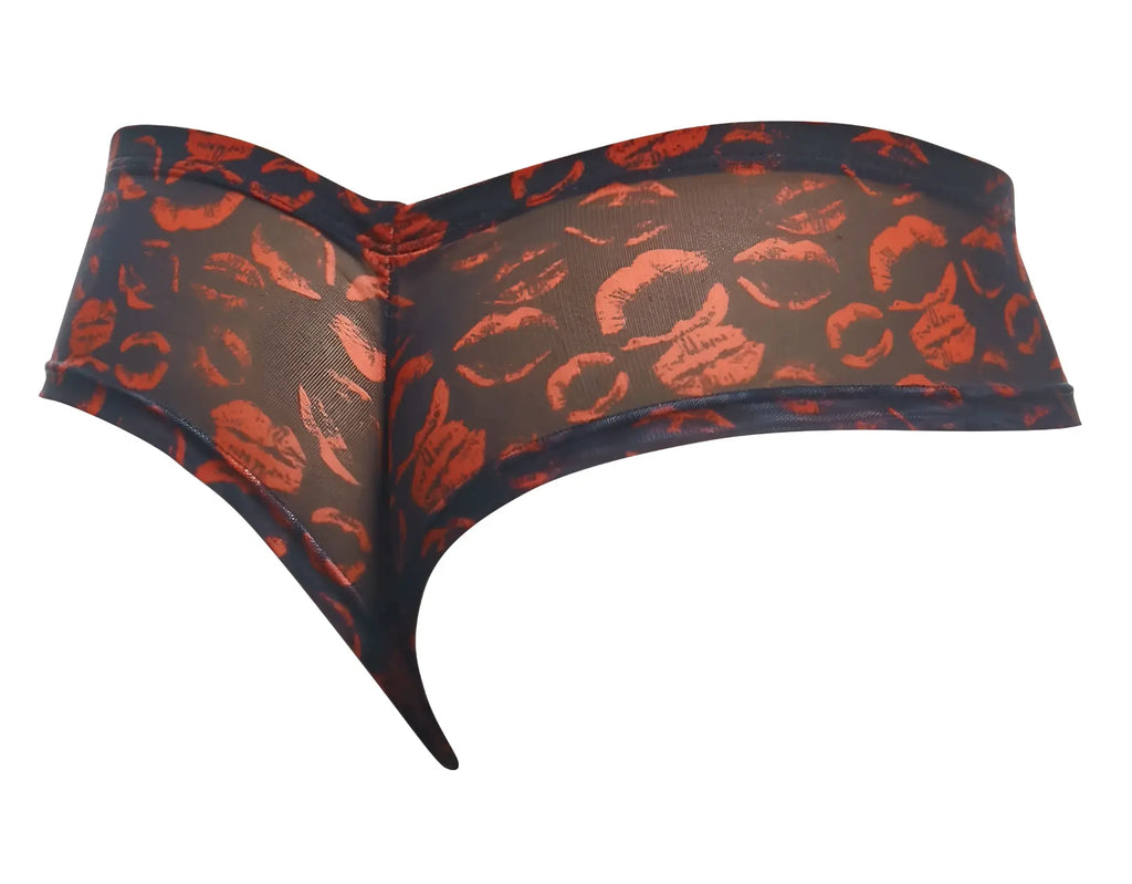 Justin simon xsj22 cheek briefs with black and orange lipstick print sheer thong front view