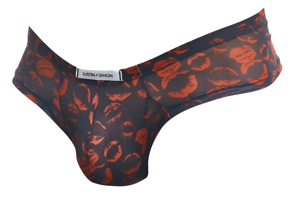 Black and orange lipstick print thong by justin simon in cheek briefs xsj22 style showing front view