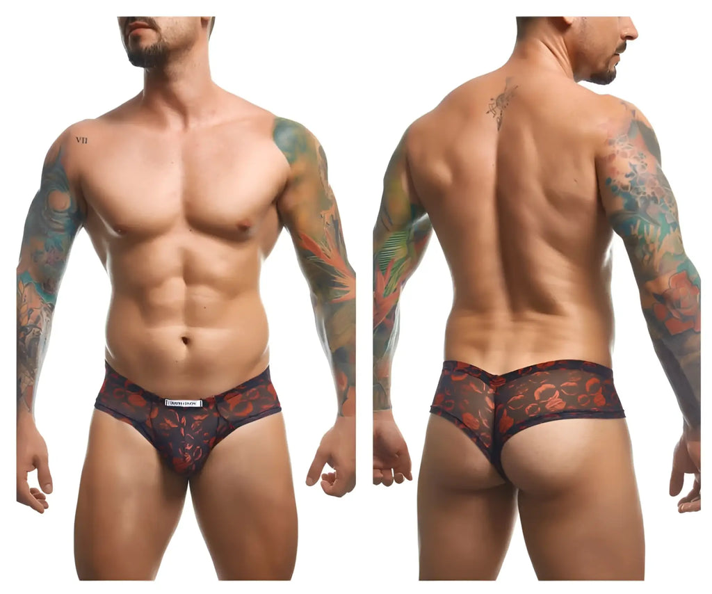Justin+Simon XSJ22 cheek briefs in black and red floral mesh with branded waistband for stylish comfort