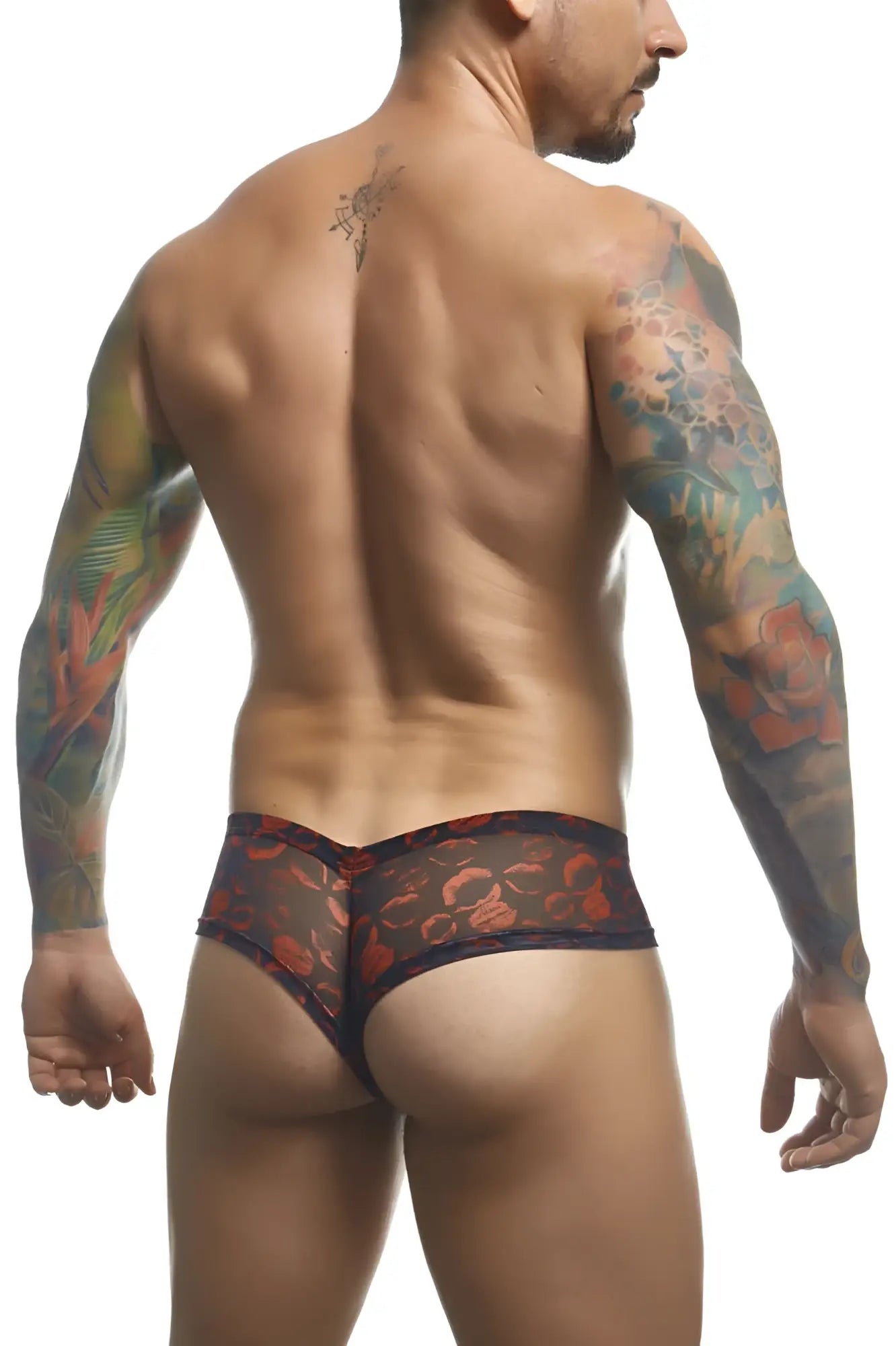 Justin simon xsj22 cheek briefs color lips black and red floral patterned sheer men’s underwear front view