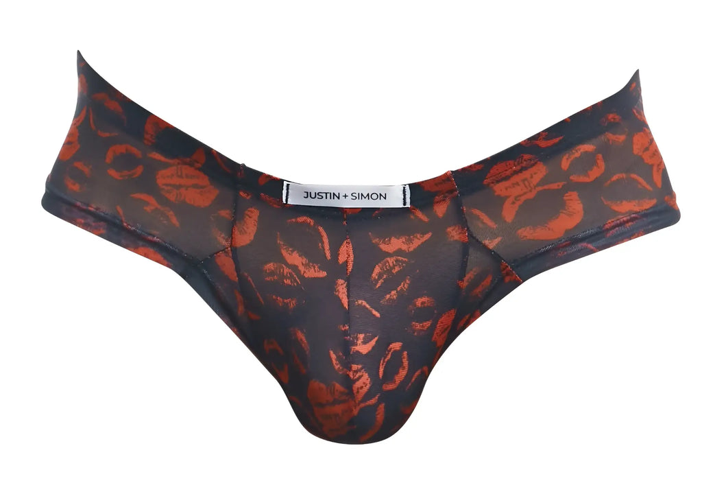 Black sheer thong cheek briefs with bold orange lipstick print and justin simon brand label in color lips design