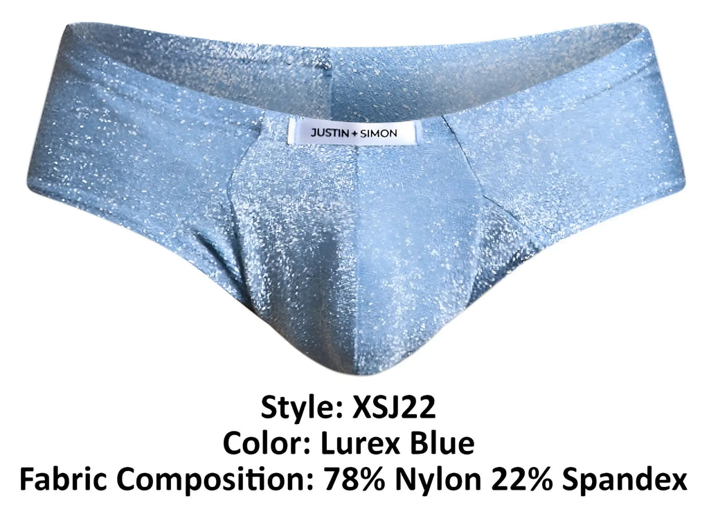 Justin simon xsj22 cheek briefs in lurex blue with shimmering glittery texture and stretch fabric for comfortable wear