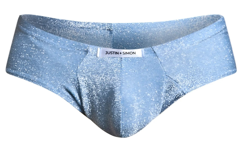 Light blue glittery lurex briefs with justin plus simon brand label in the xsj22 cheek briefs style