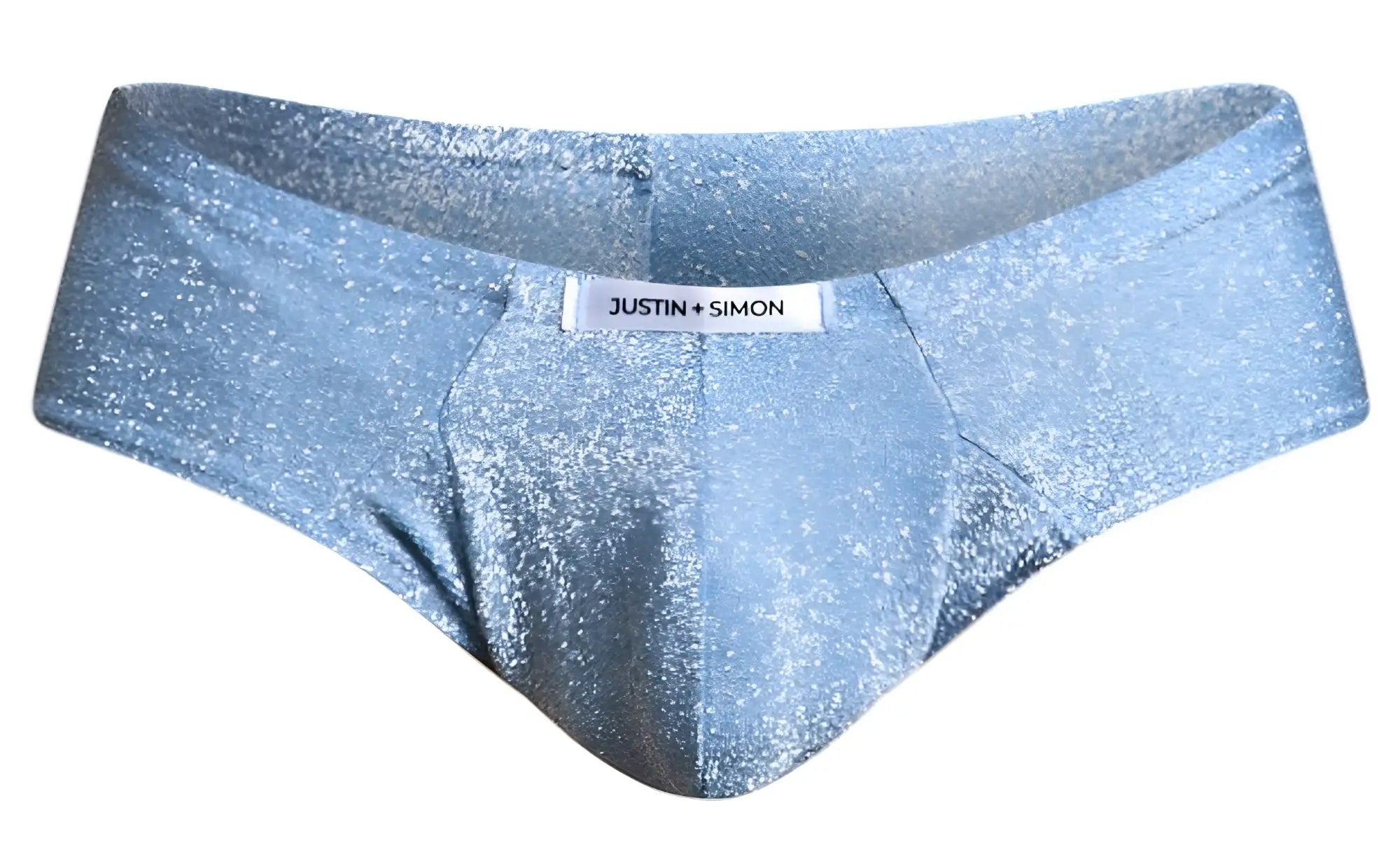 Light blue glittery lurex briefs with justin plus simon brand label in the xsj22 cheek briefs style