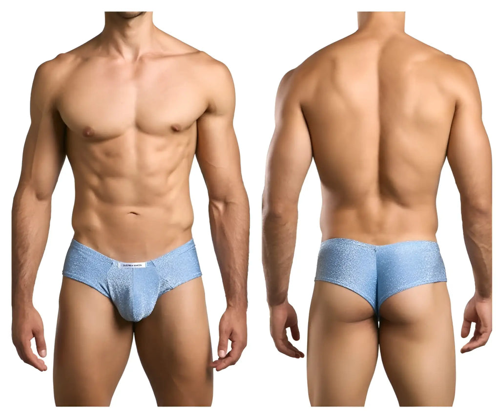Light blue textured men’s briefs with subtle shimmer finish by JUSTIN SIMON XSJ22 cheek briefs Lurex blue