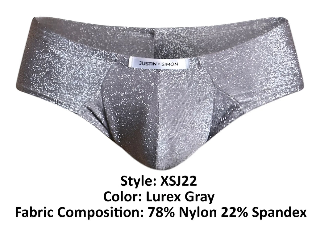 Justin simon xsj22 cheek briefs in shiny silver glittery lurex gray fabric with a sleek modern design