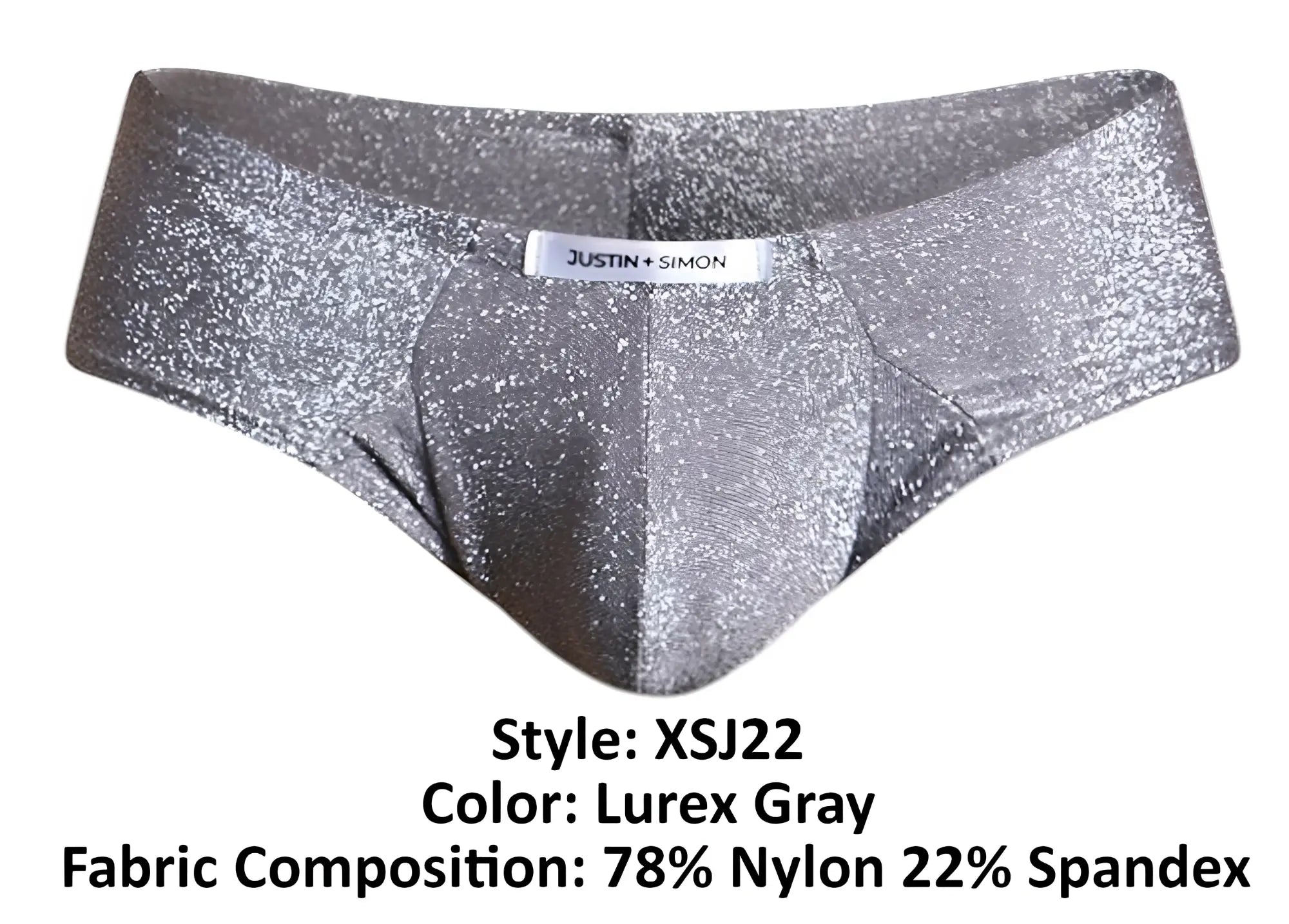 Justin simon xsj22 cheek briefs in shiny silver glittery lurex gray fabric with a sleek modern design