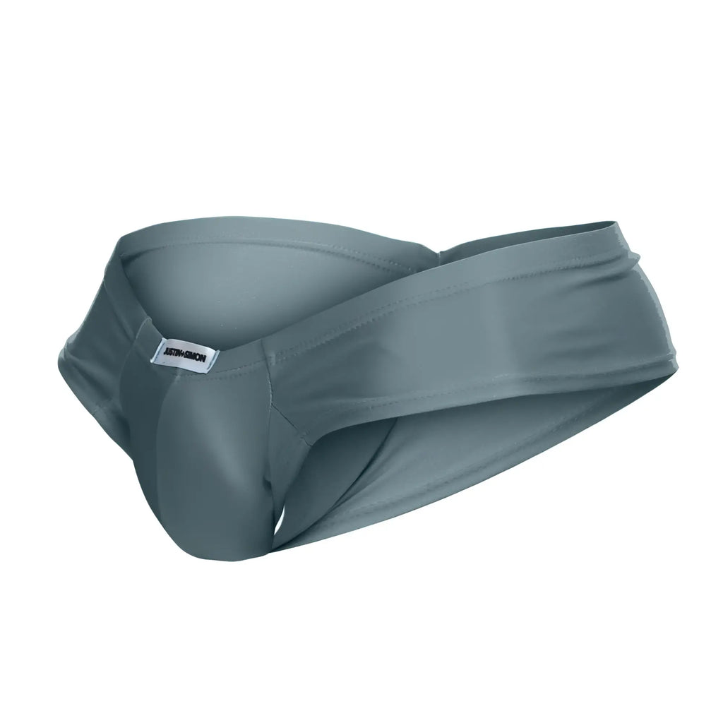 Justin simon xsj22 cheek briefs in metal green with smooth gray fabric and a small white label on the waistband