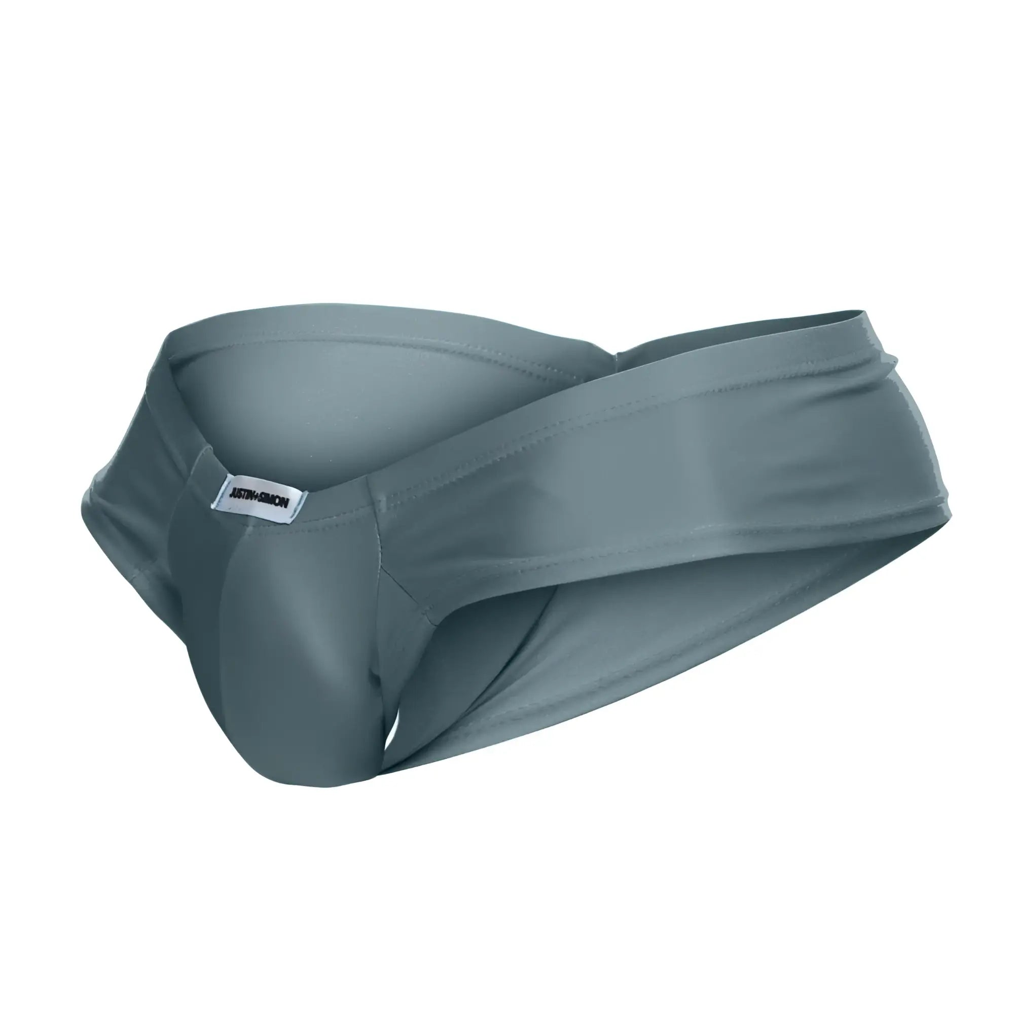 Justin simon xsj22 cheek briefs in metal green with smooth gray fabric and a small white label on the waistband