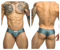 Teal metallic cheek briefs with white logo front from JUSTIN SIMON XSJ22 in metal green color