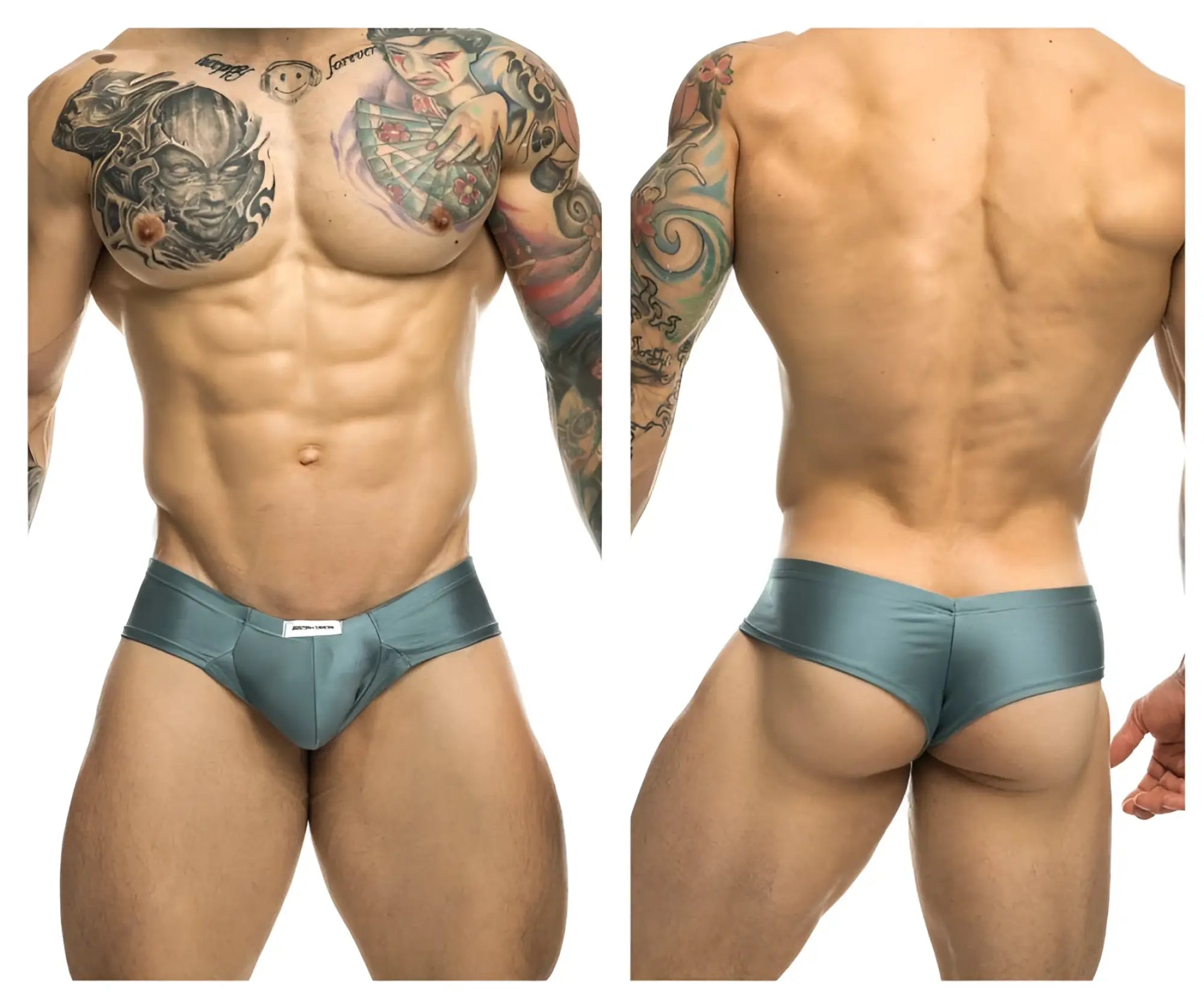 Teal metallic cheek briefs with white logo front from JUSTIN SIMON XSJ22 in metal green color