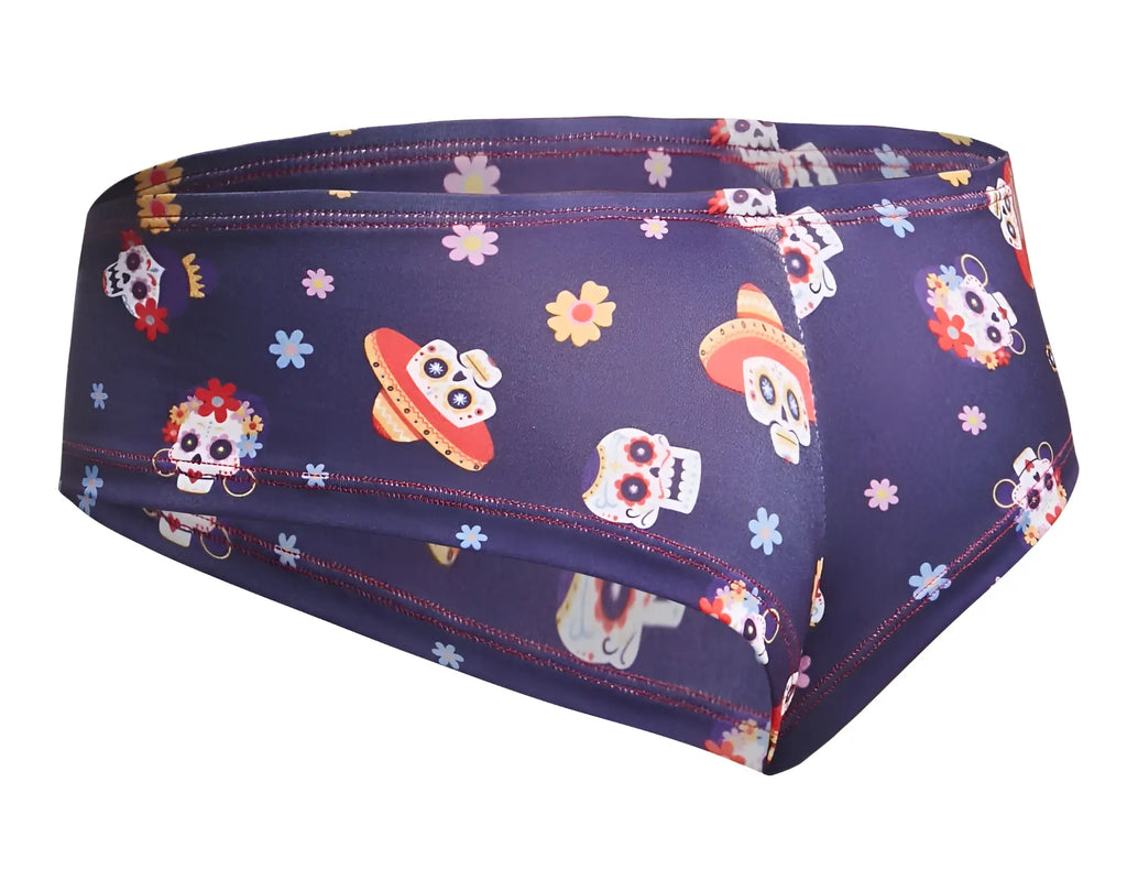 Dark blue justin simon xsj22 cheek briefs with vibrant day of the dead sugar skull and flower design in mexico colors