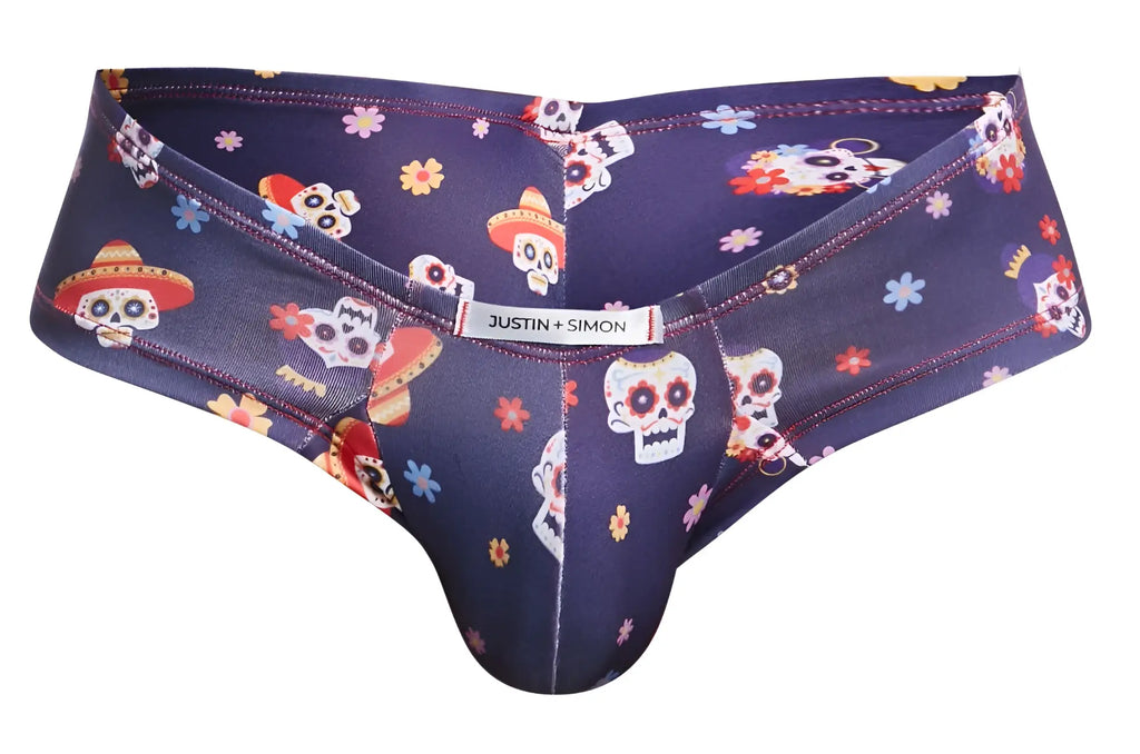 Dark blue justin simon xsj22 cheek briefs with vibrant sugar skull sombrero and colorful flower pattern mexico design