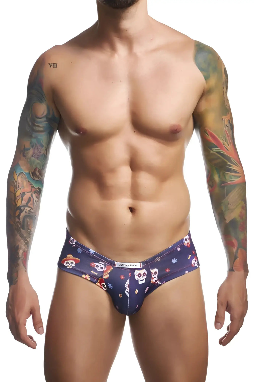 Dark blue men’s briefs with vibrant sugar skull and floral pattern from justin simon xsj22 cheek briefs mexico color