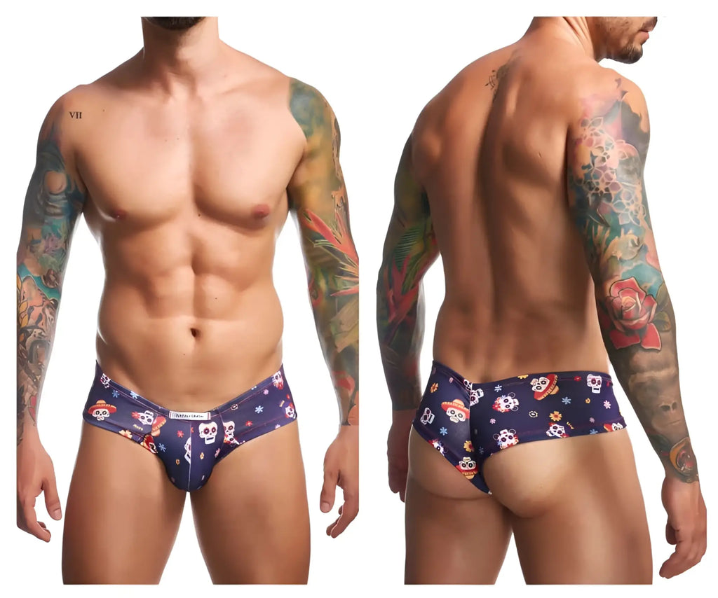 Dark blue men’s briefs by justin simon xsj22 featuring a vibrant colorful sugar skull pattern from mexico collection