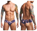 Dark blue men’s briefs by justin simon xsj22 featuring a vibrant colorful sugar skull pattern from mexico collection