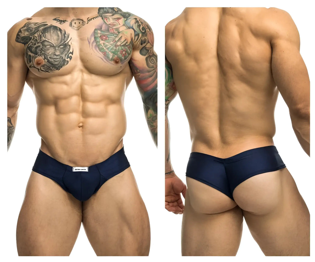 Navy blue Justin Simon XSJ22 cheek briefs with a subtle white brand tag at the waistband in athletic fabric