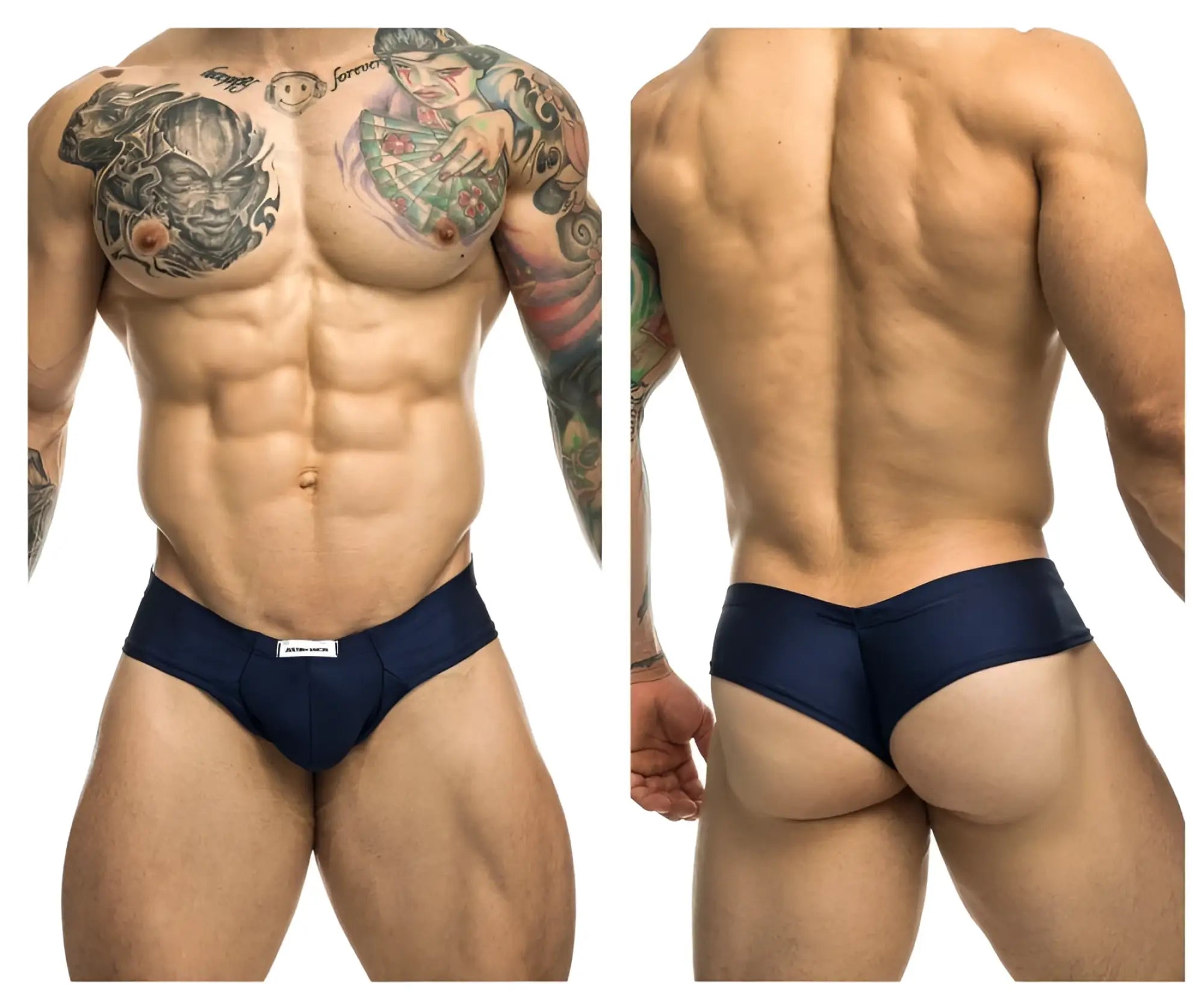 Navy blue Justin Simon XSJ22 cheek briefs with a subtle white brand tag at the waistband in athletic fabric