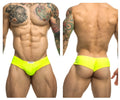 Justin simon XSJ22 neon green briefs with bright neon yellow snug fit and white brand tag at waistband