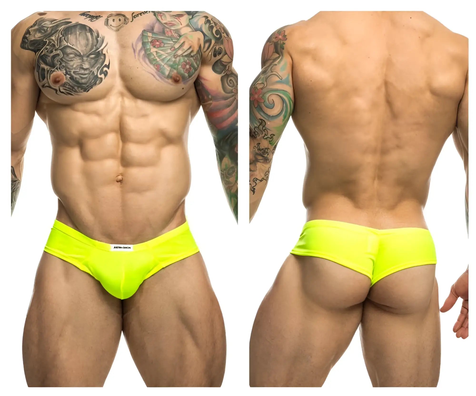 Justin simon XSJ22 neon green briefs with bright neon yellow snug fit and white brand tag at waistband