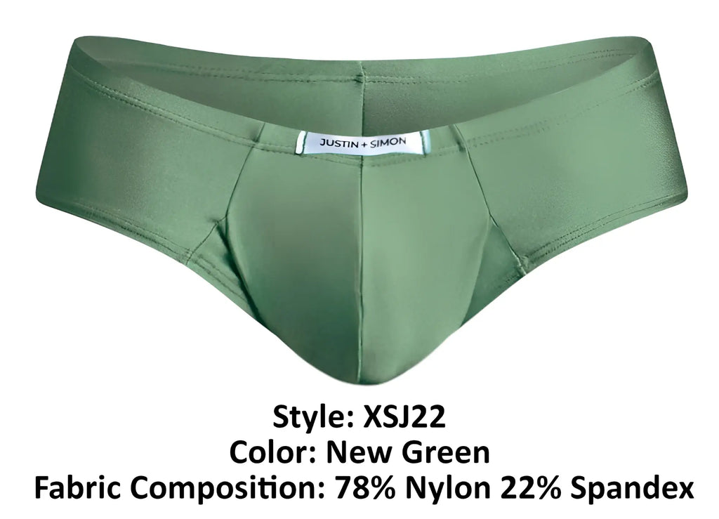 Justin simon xsj22 cheek briefs in new green made of 78% nylon and 22% spandex men’s underwear
