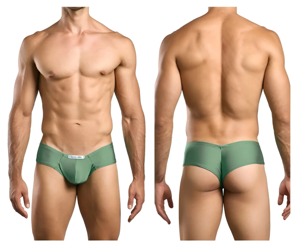 Green form-fitting justin simon xsj22 cheek briefs made of smooth stretchy fabric with white label at waistband