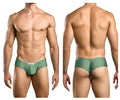 Green form-fitting justin simon xsj22 cheek briefs made of smooth stretchy fabric with white label at waistband