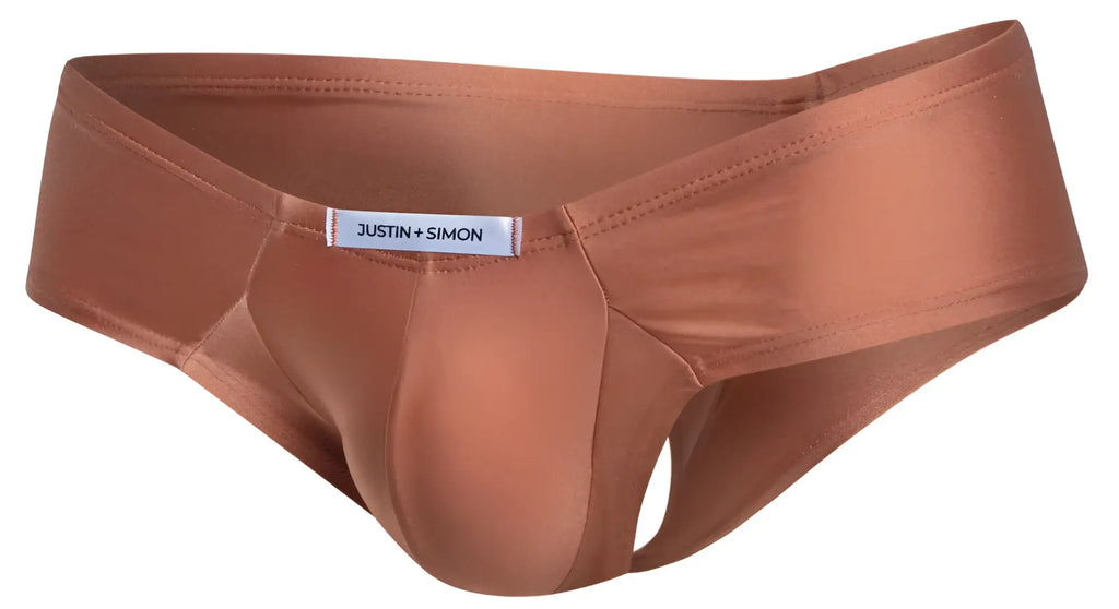 Bronze satin cheek briefs by justin simon in ochre color showing smooth luxurious fabric and minimal coverage