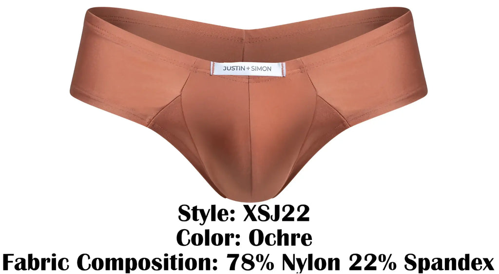 Justin simon ochre cheek briefs in nylon and spandex offering a form-fitting comfortable fit for everyday wear