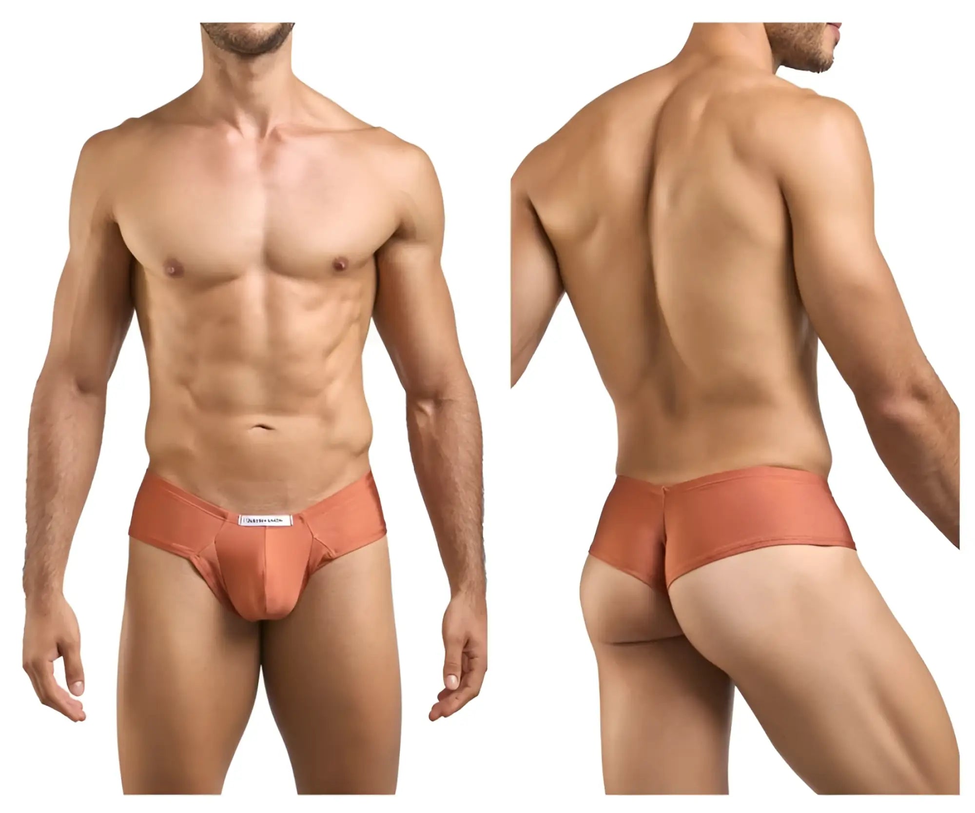 Justin simon xsj22 cheek briefs in ochre peach color with smooth fabric finish and small white front label