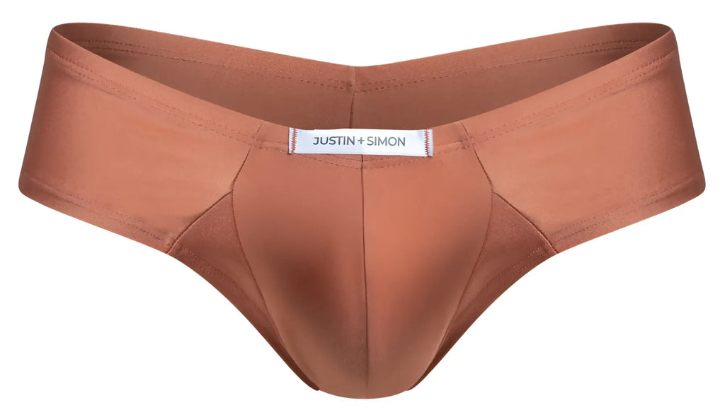 A sleek rust-colored satin brief from justin simon with a smooth form-fitting design in ochre color
