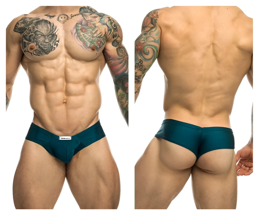Teal justin simon xsj22 cheek briefs with a white brand tag on the waistband in opal green color