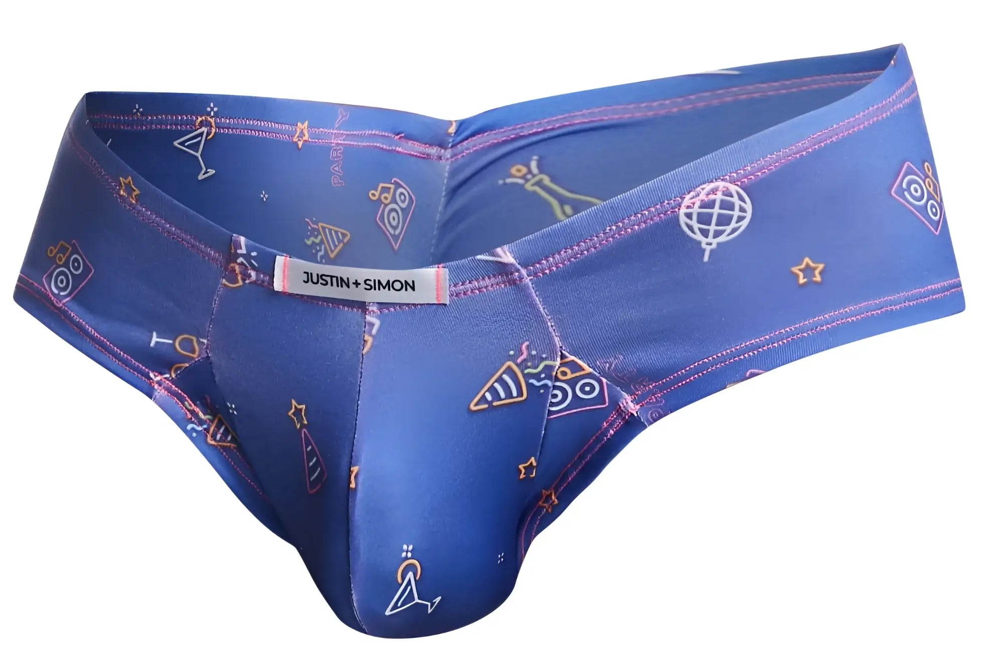 Blue justin simon xsj22 cheek briefs with neon party icons including martini glasses speakers and globes