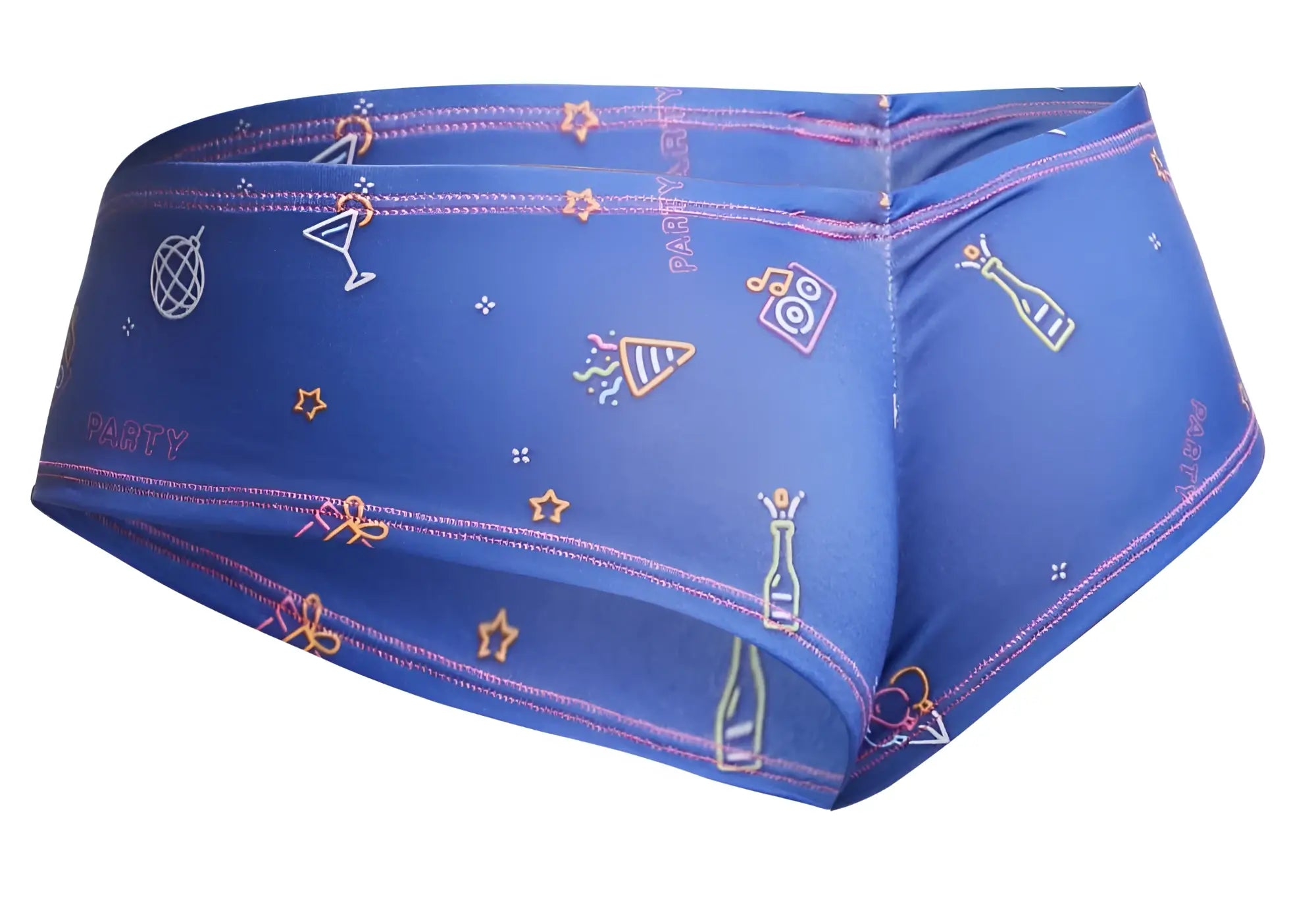 Blue men’s swim trunks justin simon xsj22 cheek briefs with vibrant neon champagne bottles martini glasses and stars pattern