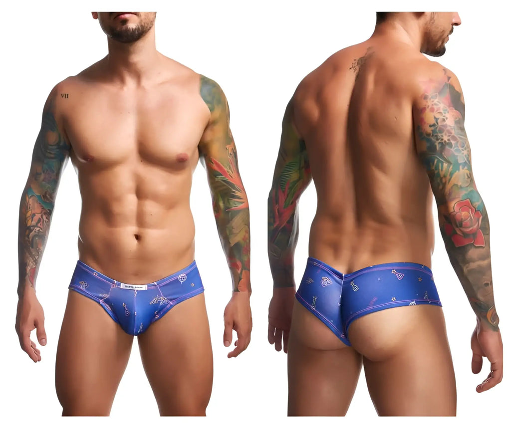 Justin Simon XSJ22 cheek briefs in blue with diamond shaped motifs and a subtle sheen for stylish comfort