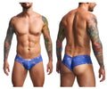 Justin Simon XSJ22 cheek briefs in blue with diamond shaped motifs and a subtle sheen for stylish comfort