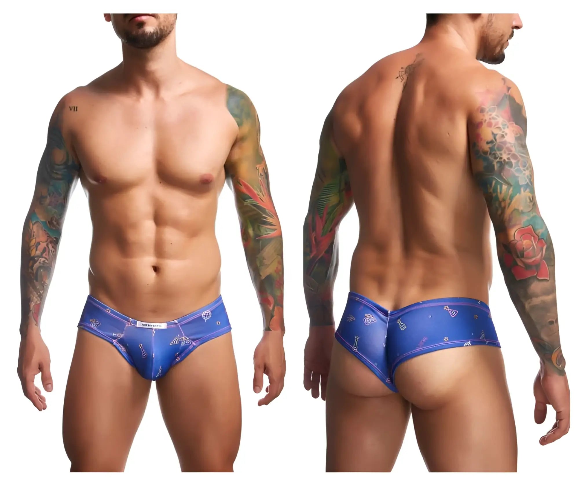 Justin Simon XSJ22 cheek briefs in blue with diamond shaped motifs and a subtle sheen for stylish comfort