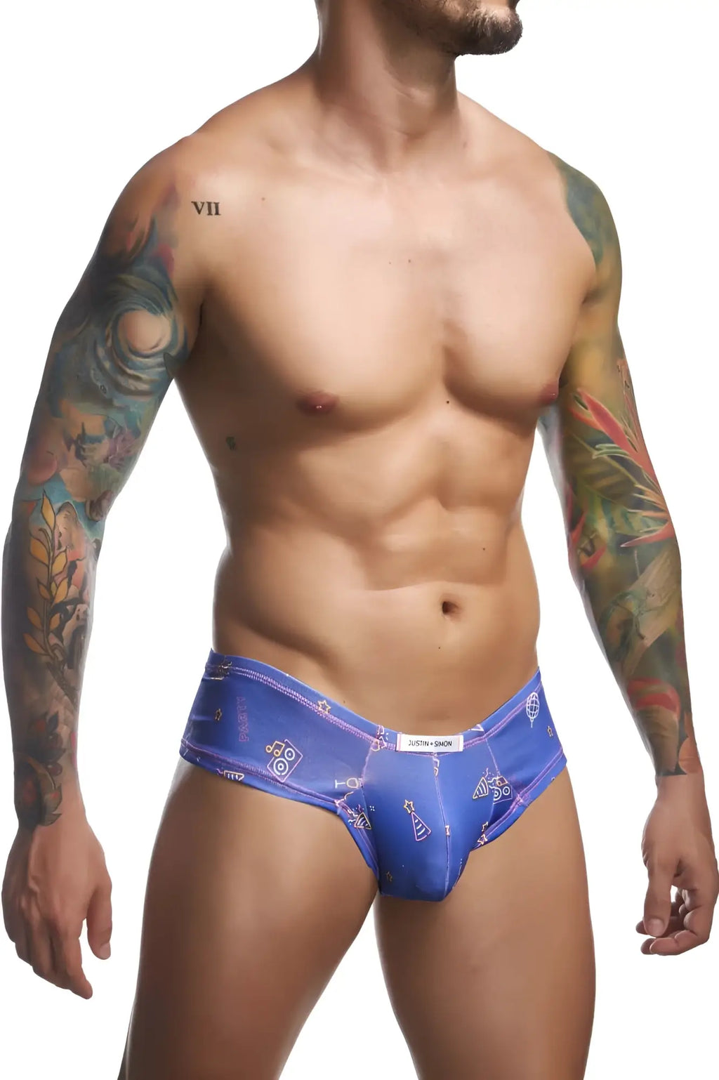 Justin+Simon Xsj22 cheek briefs in blue with subtle sheen and embroidered logo detailing for stylish comfort