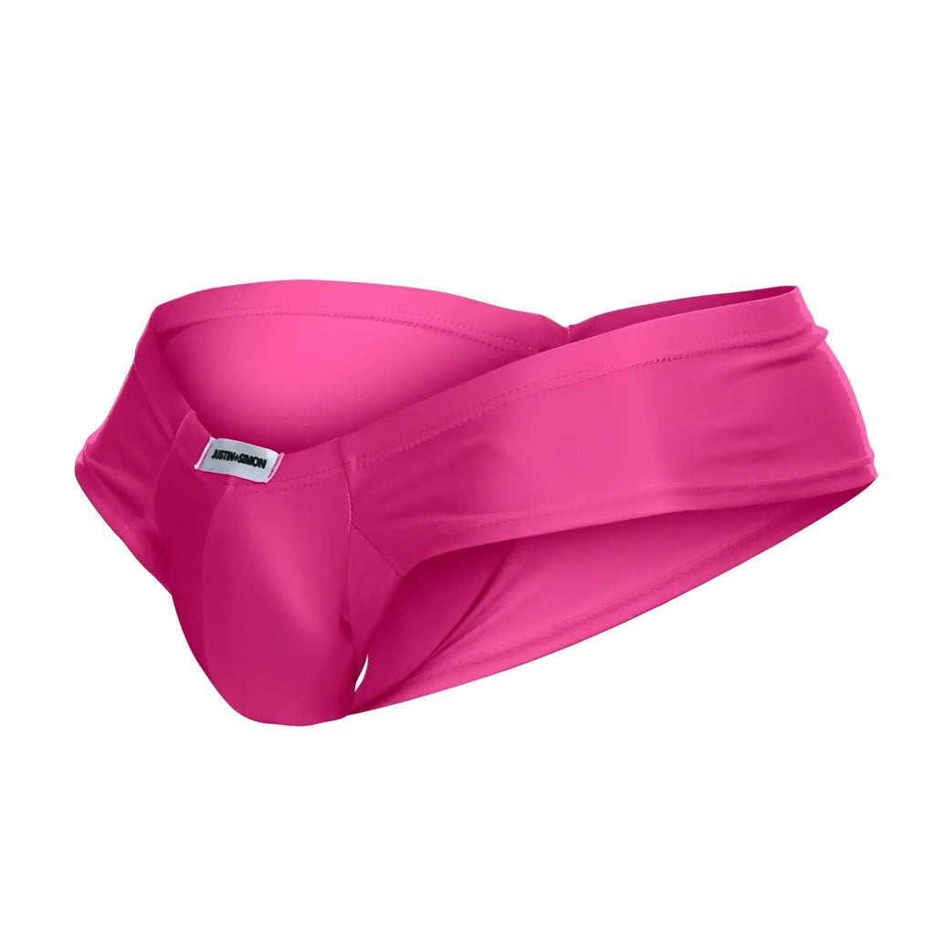 Bright pink smooth-textured justin simon xsj22 cheek briefs with a sleek modern design and adjustable waistband