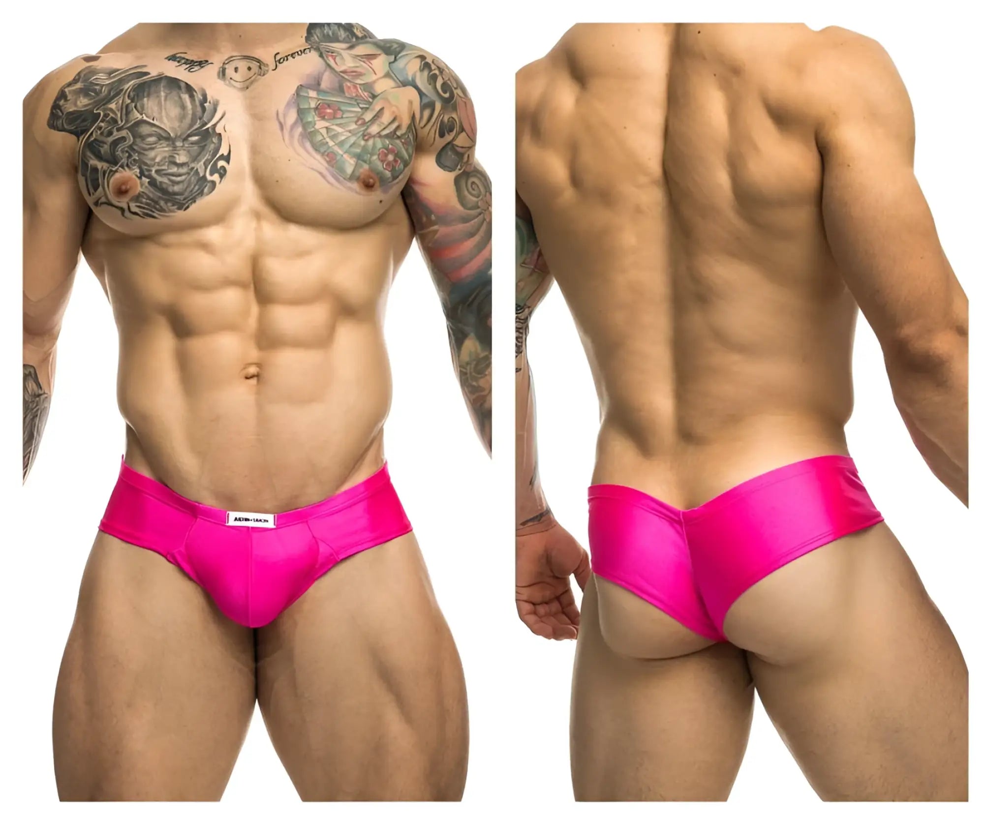 Vibrant pink satin justin simon xsj22 cheek briefs with sleek form-fitting design and white brand tag at waistband