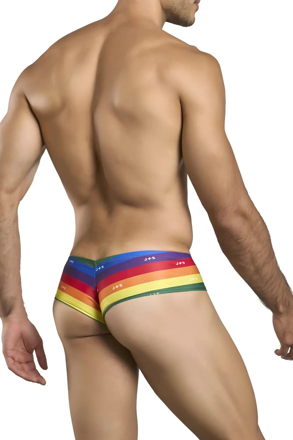 Justin and Simon xsj22 cheek briefs in rainbow pride flag colors with glossy form-fitting jeez fabric design