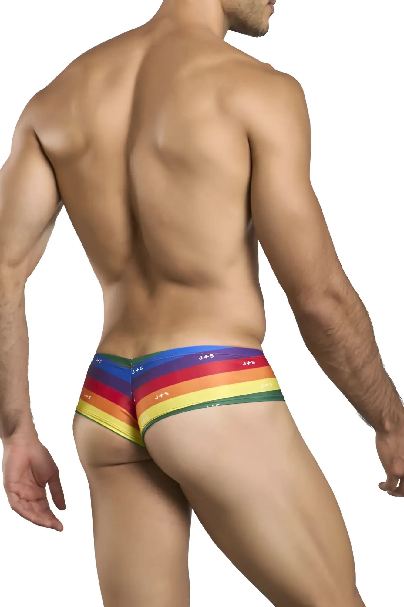 Justin and Simon xsj22 cheek briefs in rainbow pride flag colors with glossy form-fitting jeez fabric design