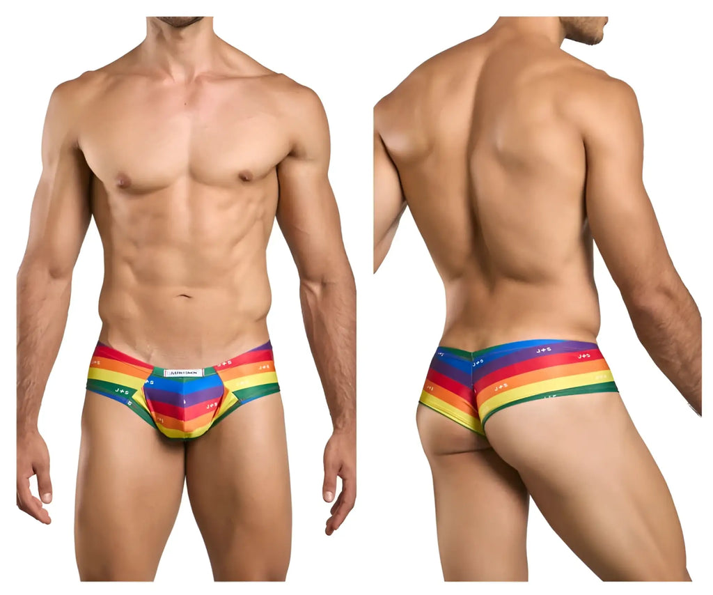 Rainbow-striped justin simon xsj22 cheek briefs with bold colorful design and visible brand name on waistband