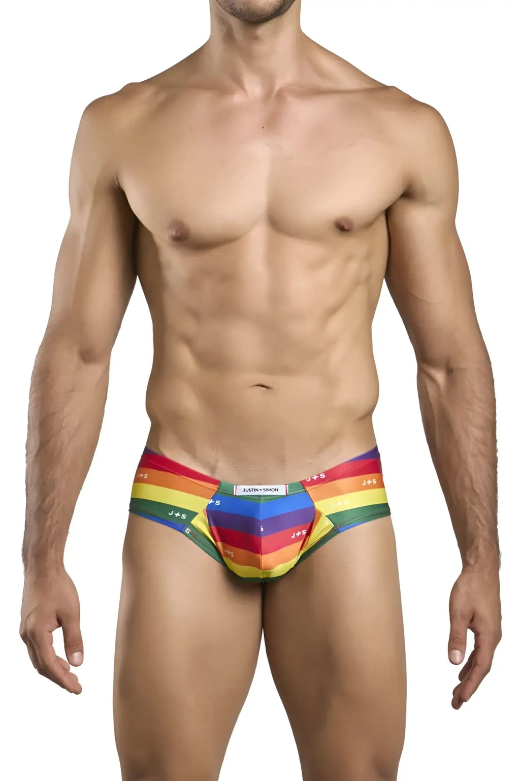 Rainbow-striped men’s briefs with justin smile label on waistband in JUSTIN SIMON XSJ22 cheek briefs color pride flag design