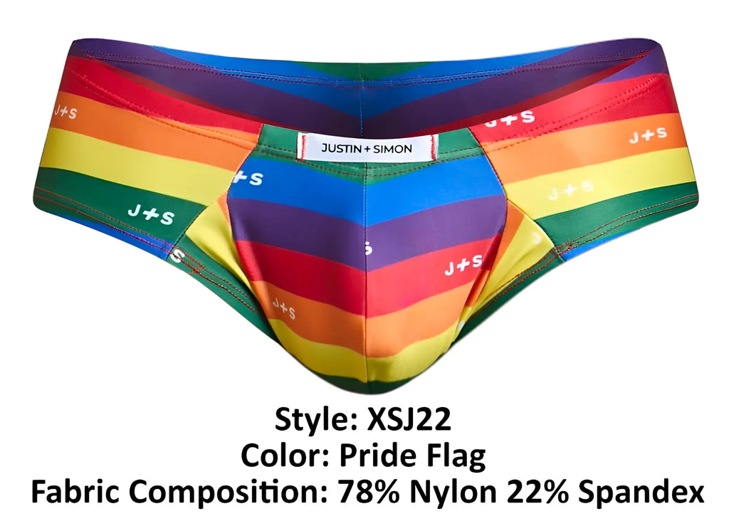 Justin simon xsj22 cheek briefs in rainbow pride flag colors with j plus s logo for vibrant men’s underwear