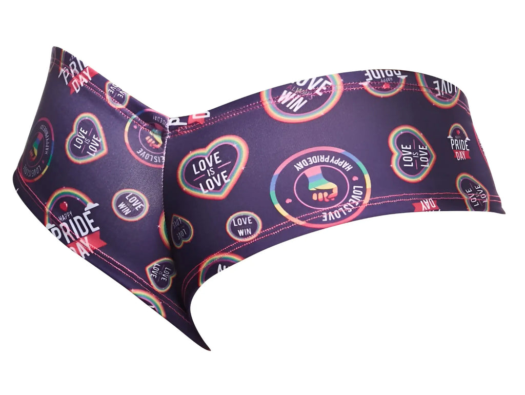 Purple bikini bottom cheek briefs by justin simon with rainbow heart pattern and pride phrases love is love happy pride day