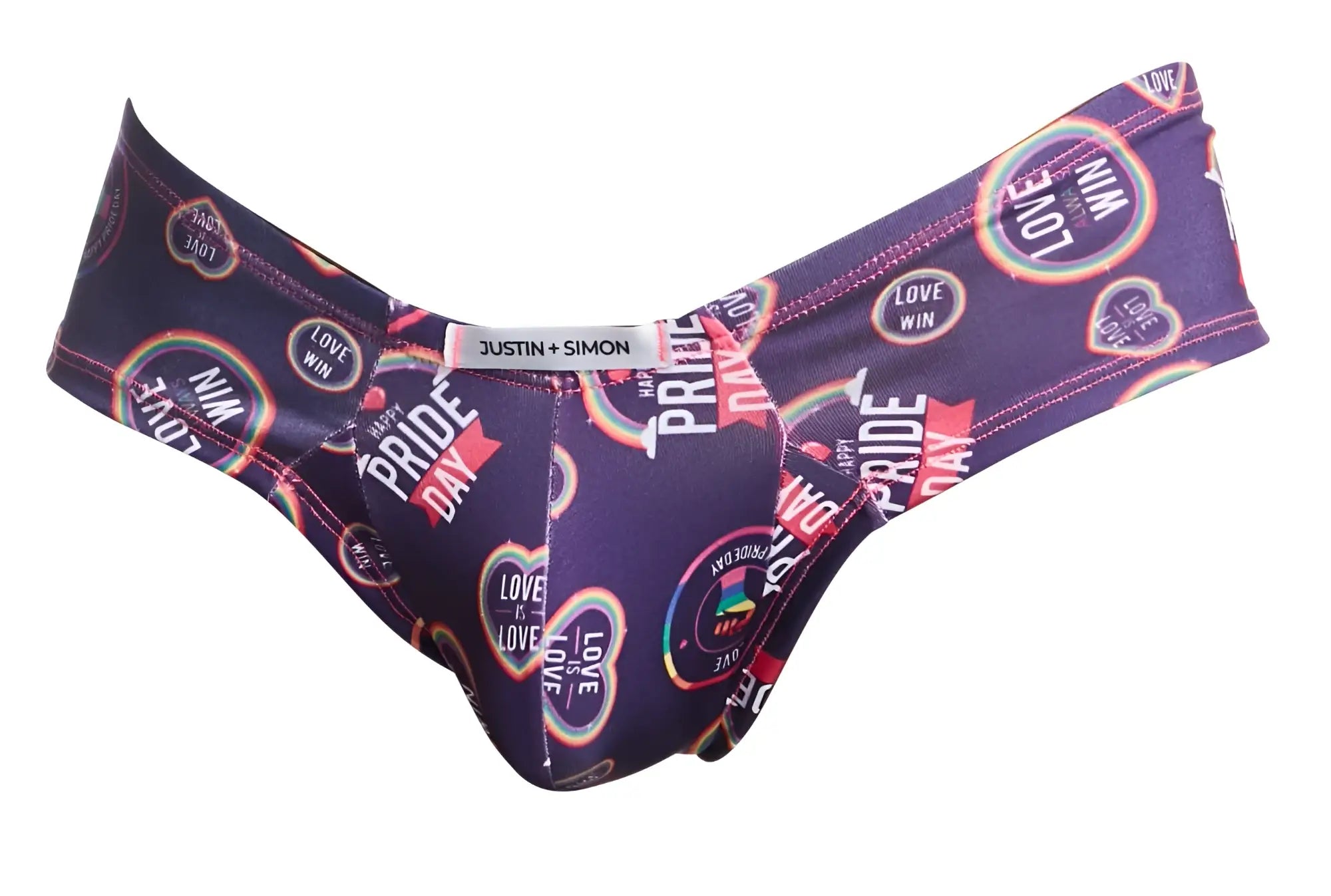 Purple justin simon pride day cheek briefs with rainbow and love win graphics for pride celebrations