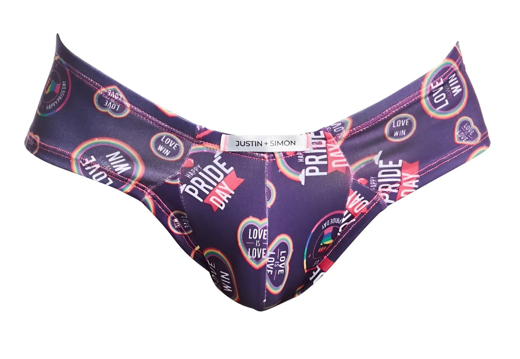 Purple justin+simon pride day bikini bottom cheek briefs with rainbow and love win graphics for pride celebration