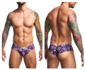 Purple patterned justin simon xsj22 cheek briefs with circular designs featuring text and graphics